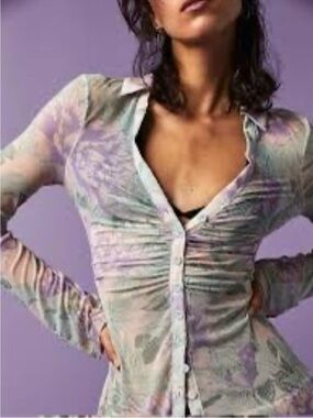 Free People Lucky Shirtee Lilac Bloom Floral Semi Sheer Mesh Excellent Size M
